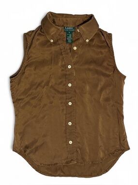 Women’s Y2K Ralph Lauren Brown Sleeveless Button-up Silk Blouse Size 4